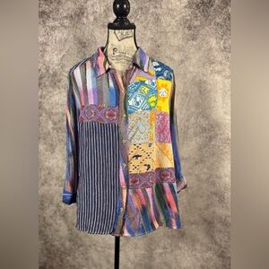 Caleoas Boho Chic Embroidered Patchwork Women's Button Down Shirt Size PM